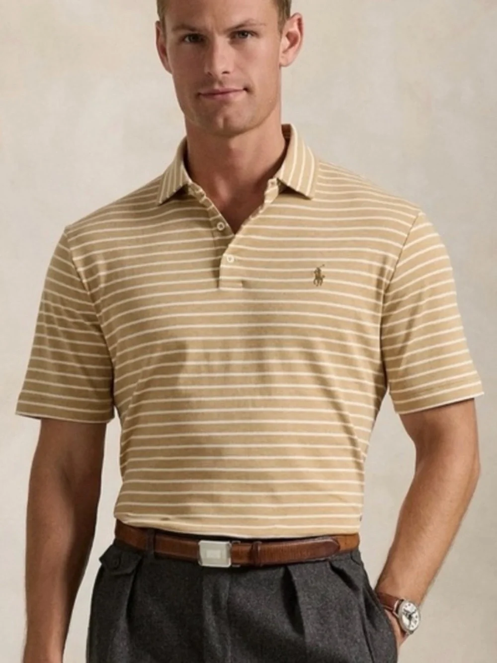 Polo Ralph Lauren Striped Polo Shirt Tan/White XL Preppy Business Casual